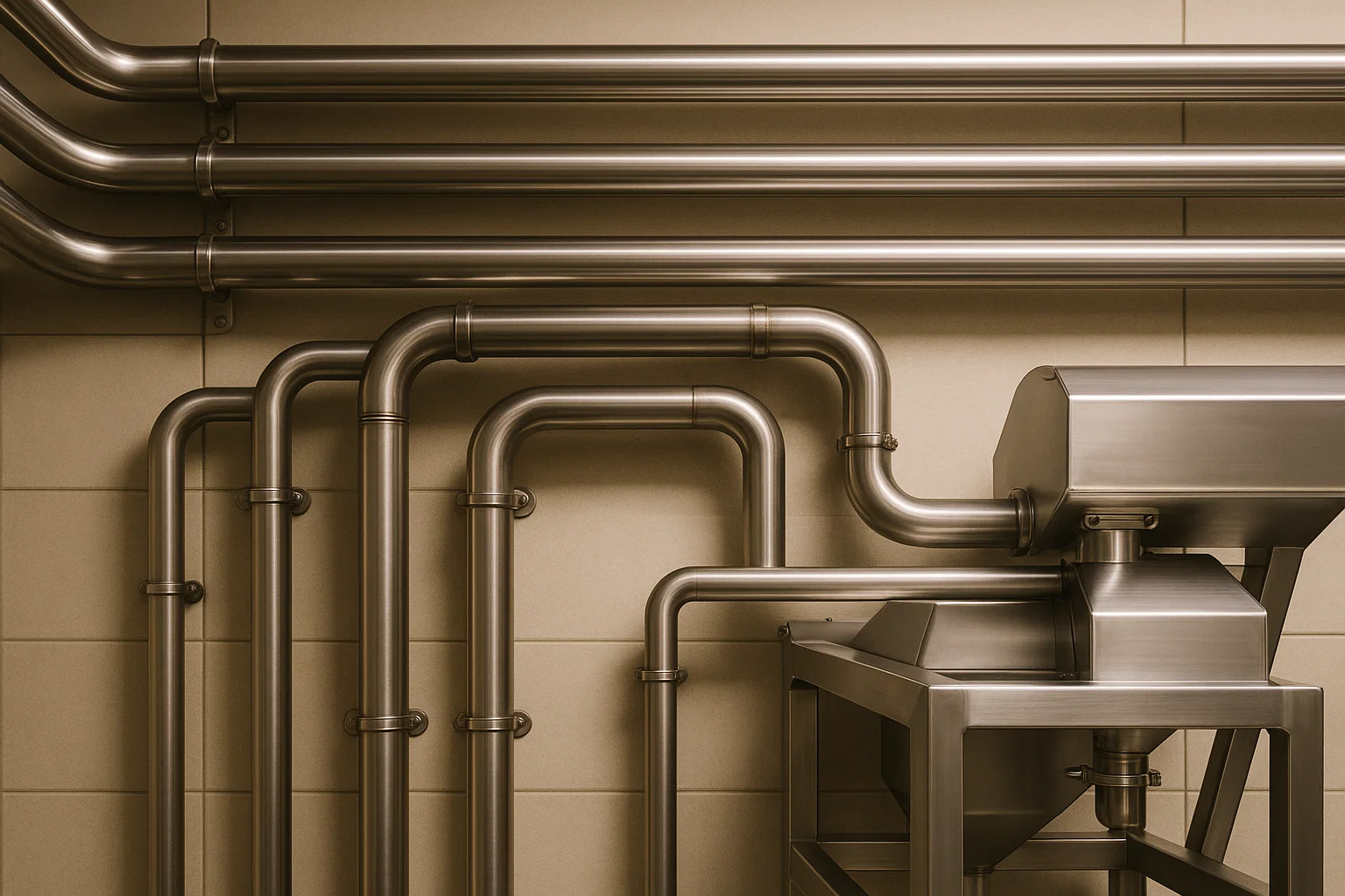 Hygienic stainless steel pipework and frames installed in a food factory.
