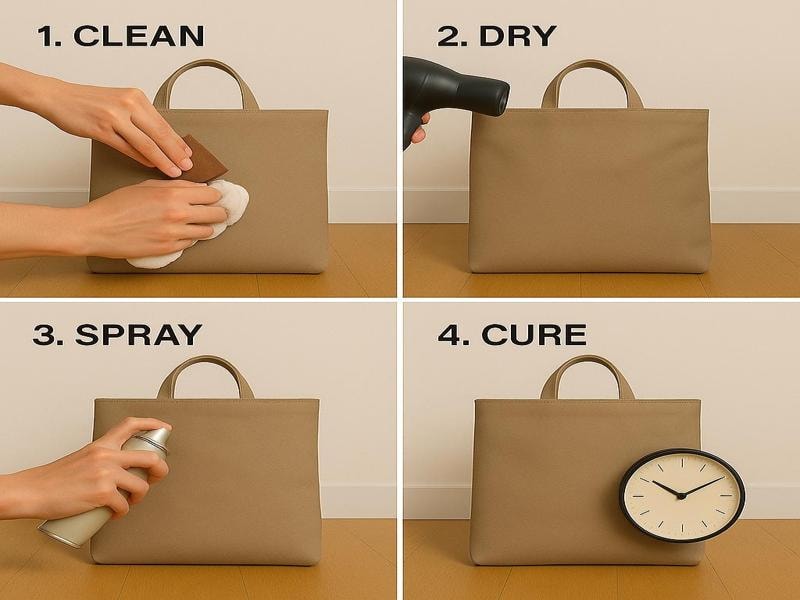 A picture showing four simple steps to waterproof a canvas bag. Step 1: Clean the bag with a cloth. Step 2: Dry the bag using a hair dryer. Step 3: Spray the bag with waterproofing spray. Step 4: Cure by letting the bag sit and dry completely, shown with a clock. 