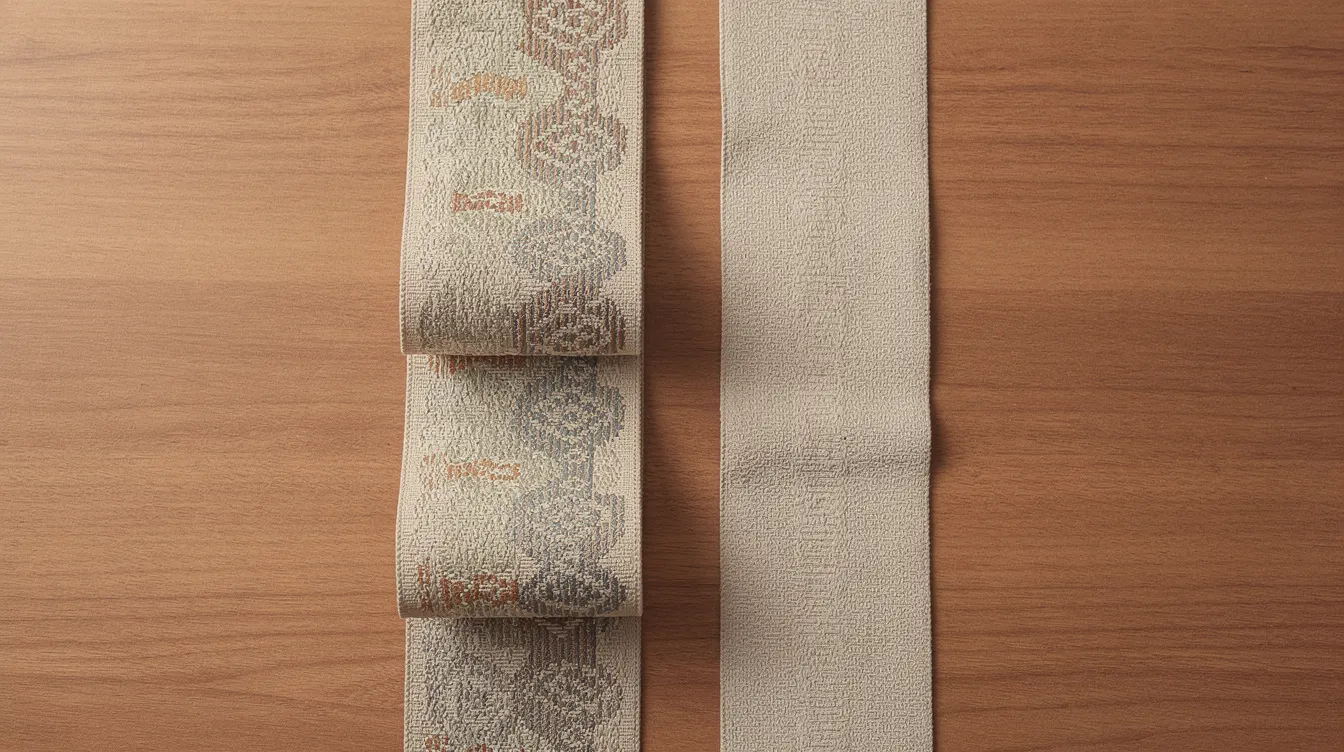 Two Japanese obi cords, one made of silk and the other of cotton, are laid side by side on a wooden surface, showcasing their width difference. The cords are displayed in direct sunlight, highlighting their beauty and texture, making it easy to compare their lengths and colors.