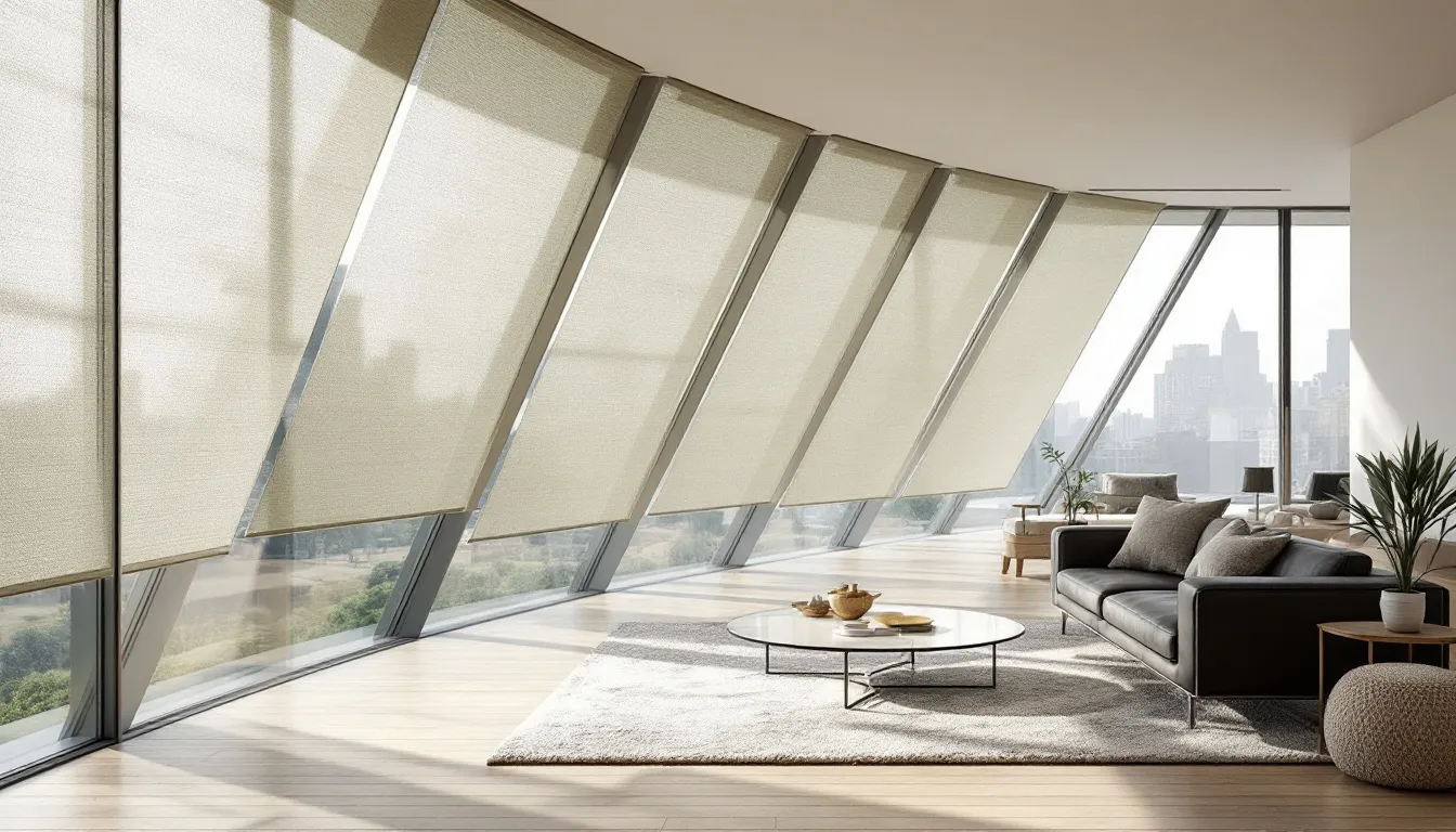 Natural woven shades enhancing the beauty of angled windows.