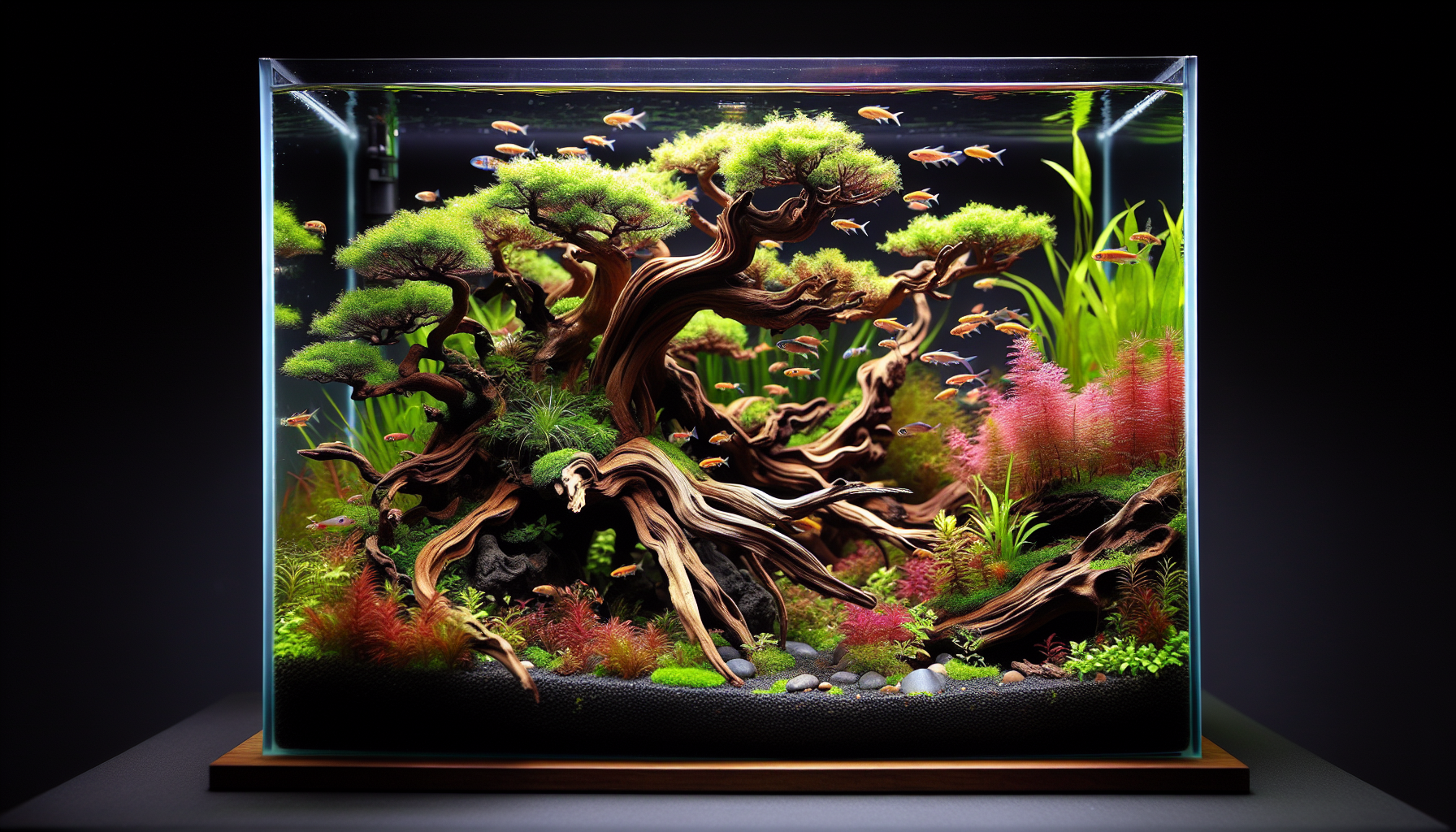 Artistic bonsai driftwood resembling underwater trees in an aquascape