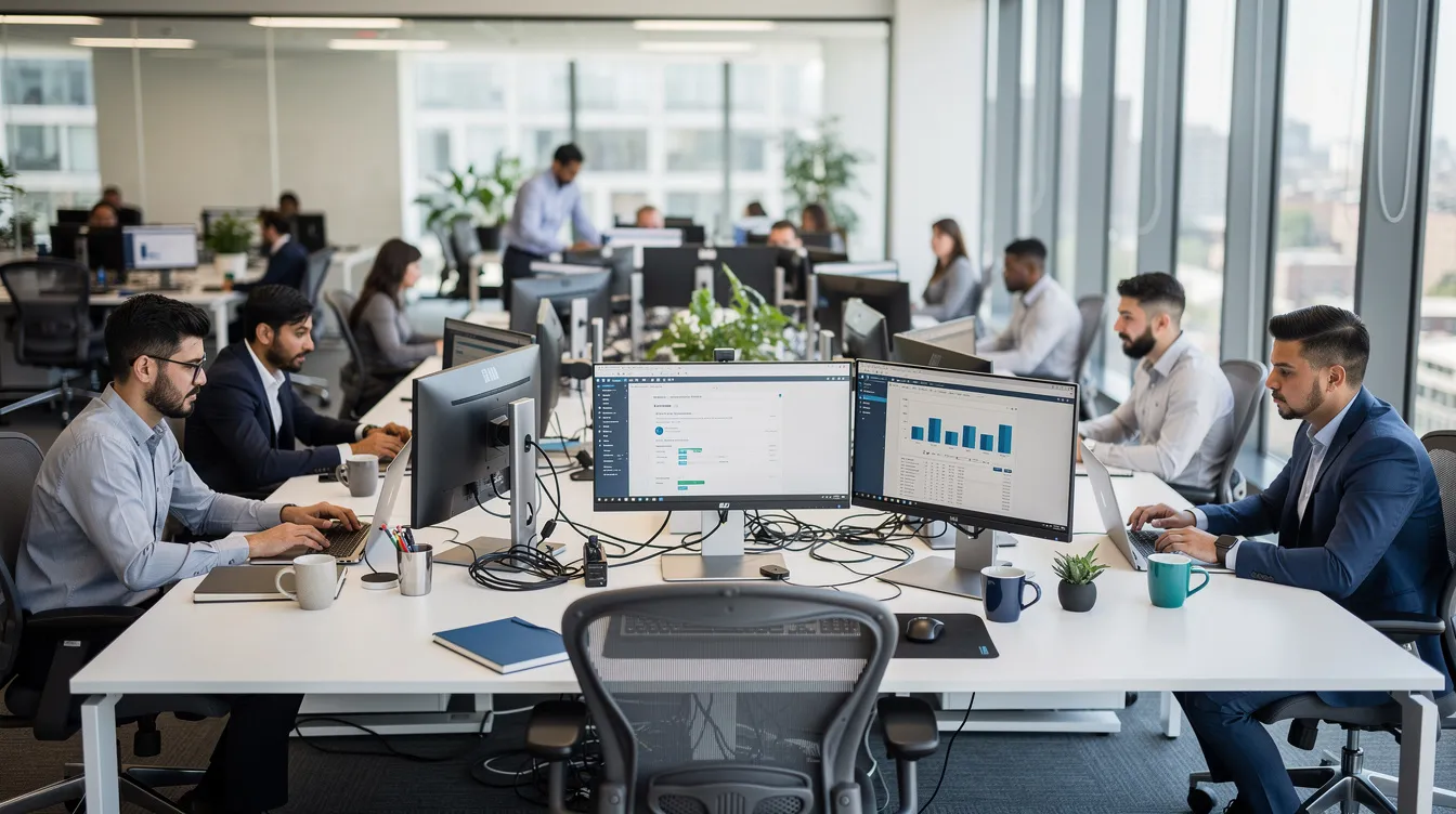 The image depicts a bustling office environment where professionals are engaged in their work at desks equipped with laptops and monitors. This scene illustrates a growing business that may require reliable IT support, strategic advice, and proactive monitoring to align with their operational priorities and business objectives.
