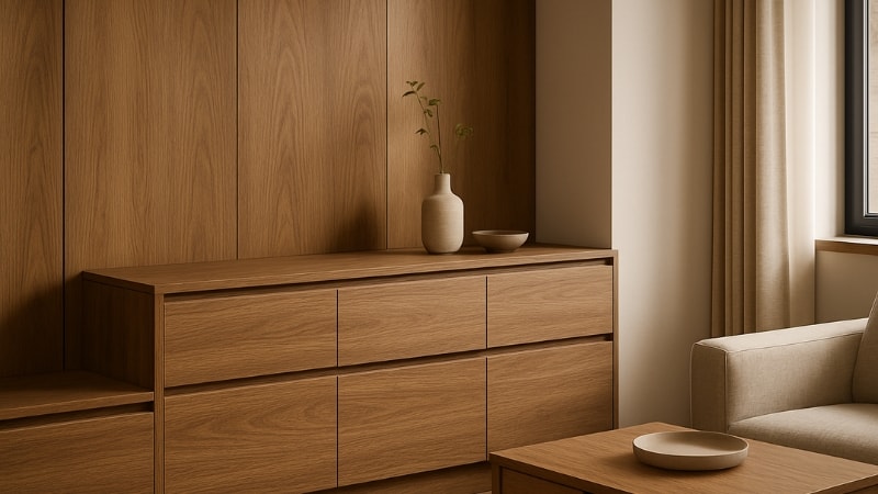 Day light comming from window reflecting on wood vinyl drawers