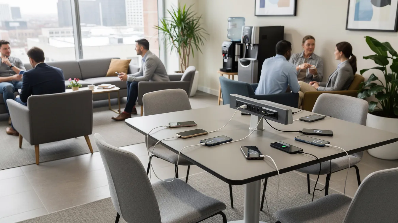 The image depicts a break room area featuring a charging table where employees can charge their mobile devices during breaks, alongside secure cell phone lockers for safe storage of personal items. This setup promotes productivity and enhances security in the workplace by providing a practical solution for managing sensitive data and personal devices.