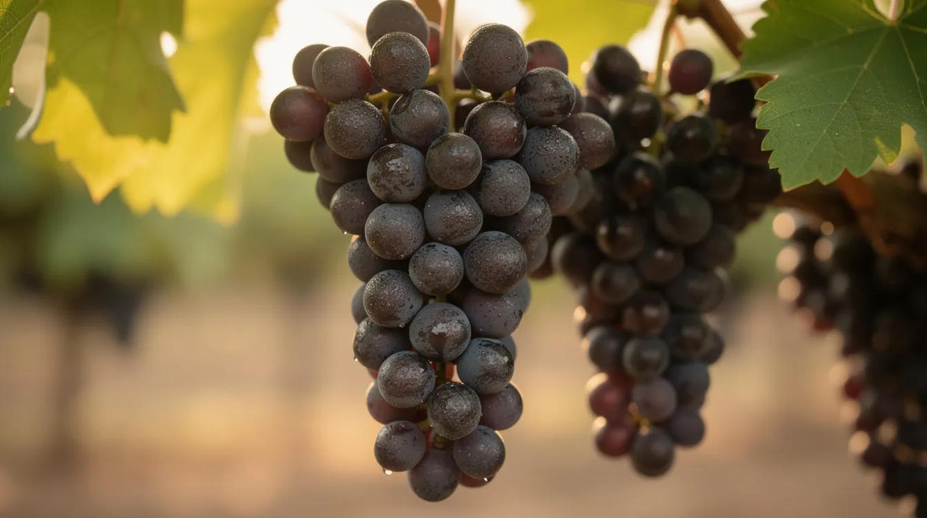 A close-up view of ripe dark purple grape bunches hangs heavily on the vine, surrounded by lush green leaves, showcasing the bounty of the Napa Valley harvest season. This image captures the essence of wine country, where grape growers prepare for the winemaking process.