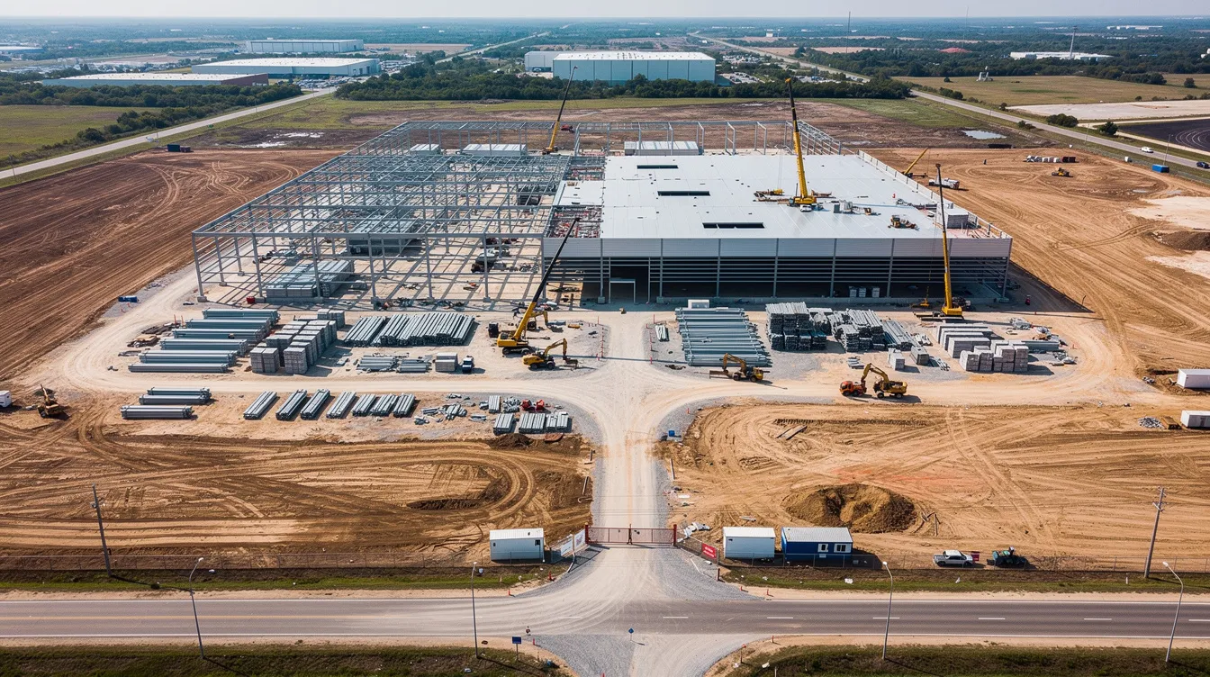 An aerial view showcases a large warehouse facility under construction, surrounded by cleared land and access roads, highlighting the progress of this significant construction project. The image reflects the collaboration of project teams and the efficient use of equipment and materials as they work towards completing the site.