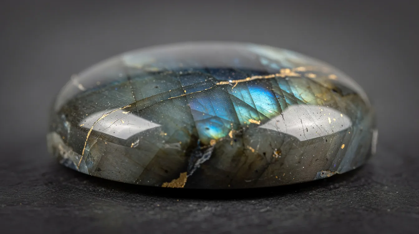 A close-up view of a polished labradorite cabochon reveals its stunning blue and green iridescent flashes, reminiscent of the aurora borealis, set against a dark gray background. This gemstone is known for its metaphysical properties, enhancing intuition and promoting spiritual growth.