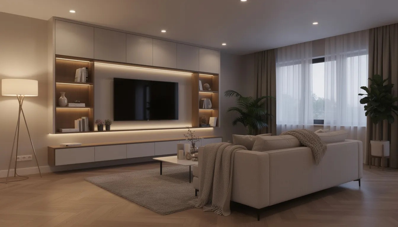 Een volledig gestylde woonkamer met een afgewerkte tv wand, waarin een mooi tv meubel en sfeervolle verlichting zijn geïntegreerd. De ruimte heeft een moderne uitstraling met een elektrische haard en netjes weggewerkte kabels, wat bijdraagt aan de luxe sfeer van de woonkamer.