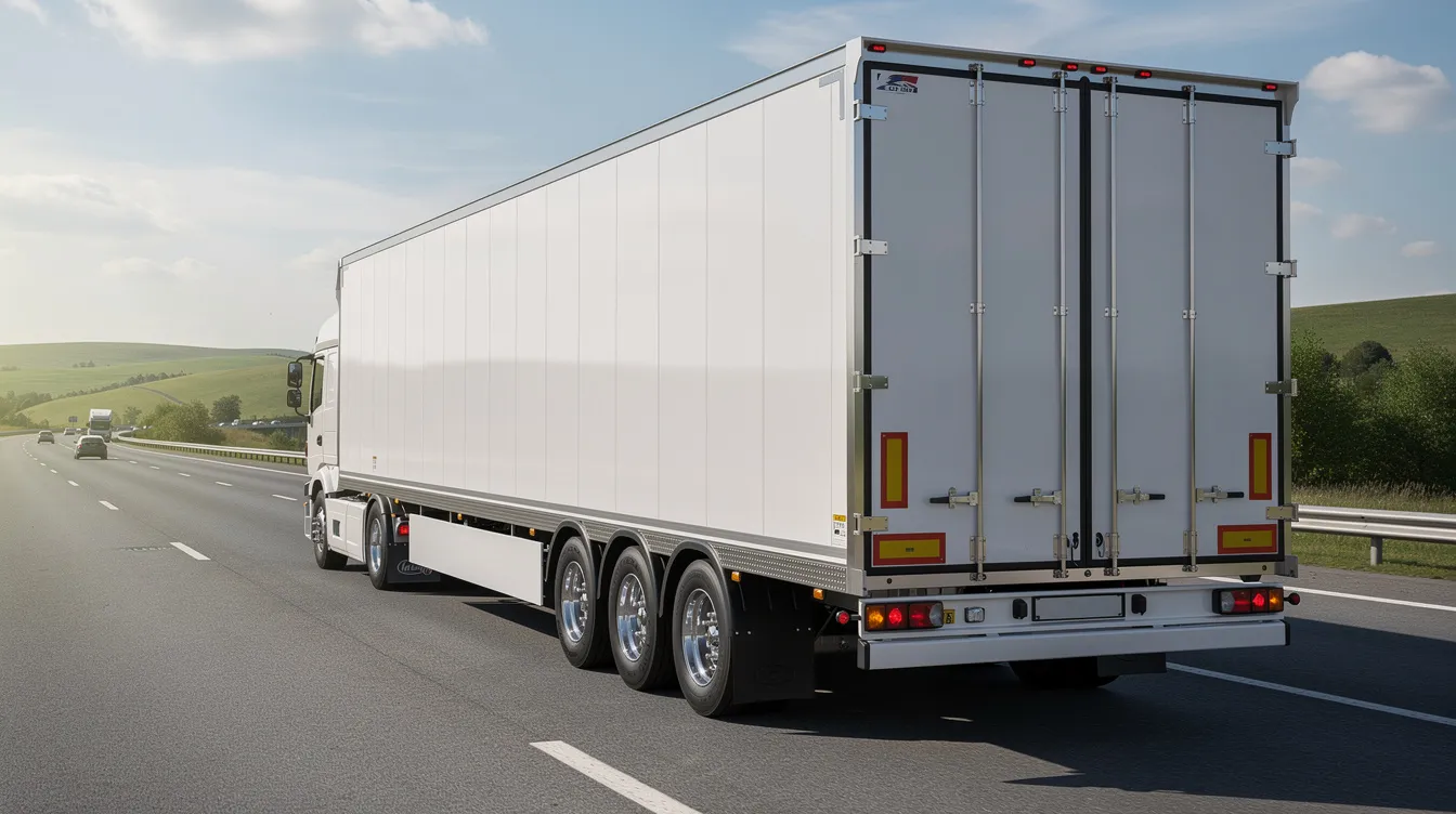 An enclosed auto transport trailer is seen on a highway with its doors securely closed, designed to safely transport inoperable vehicles, including non running cars and classic vehicles. This specialized equipment ensures protection during the shipping process for vehicles that cannot operate on their own power.