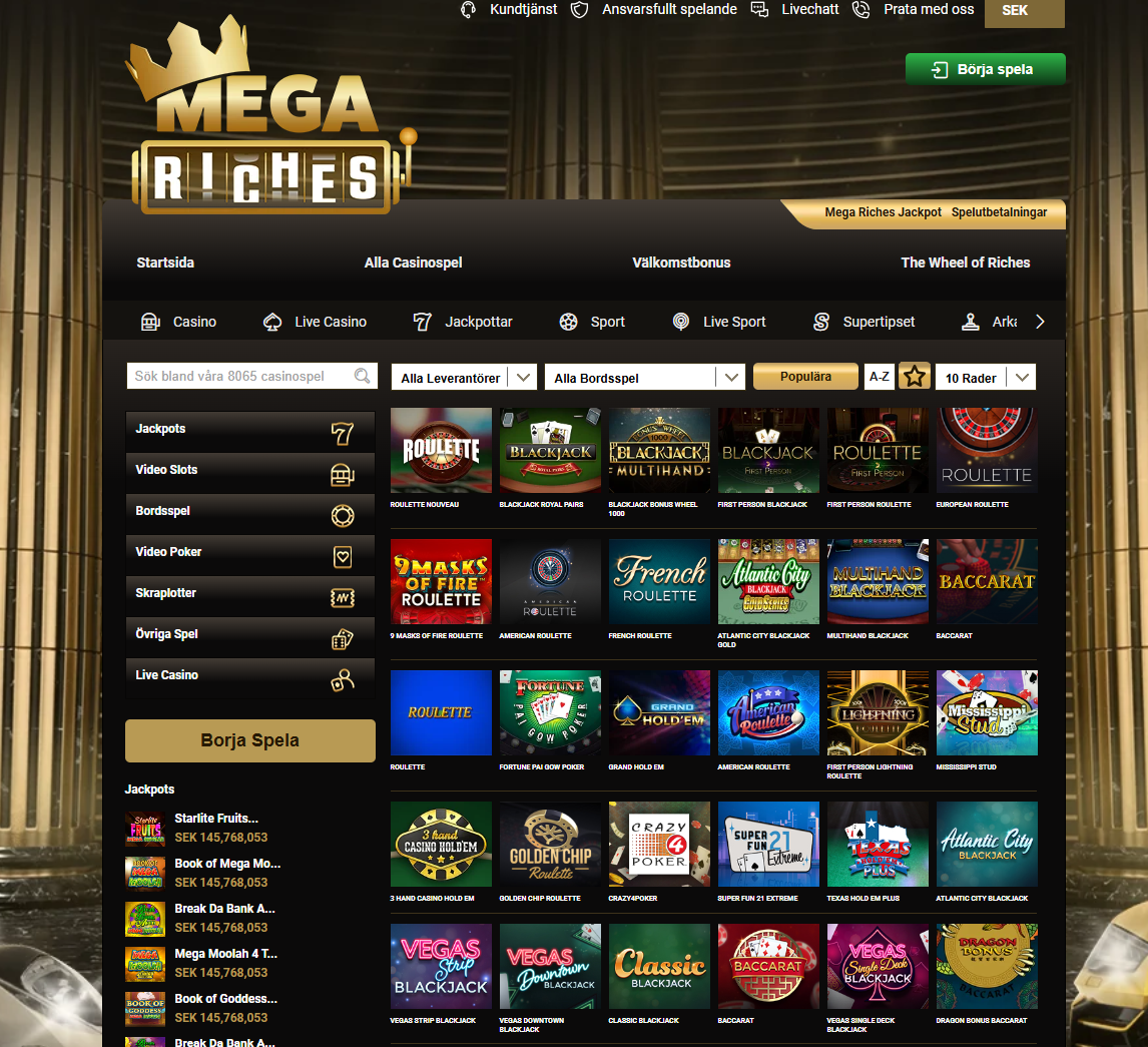 Startsida för bordsspel hos Mega Riches.