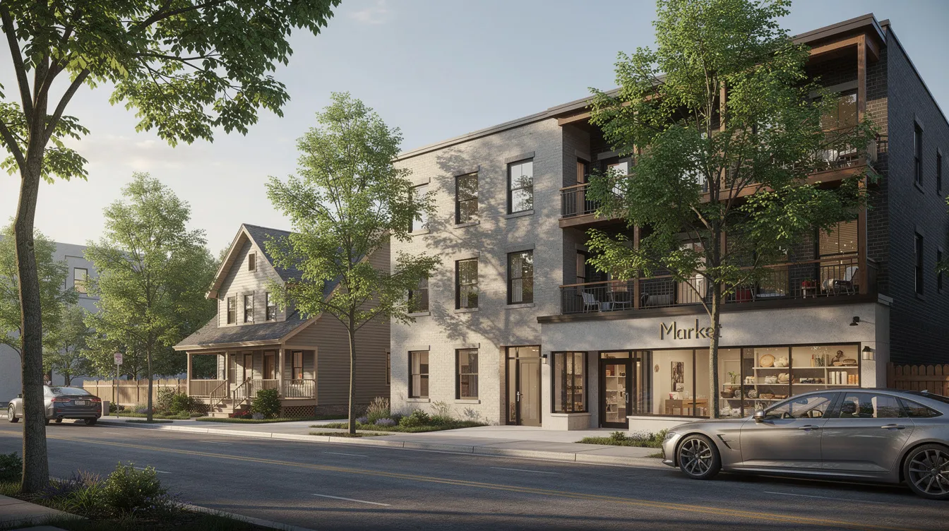 The image depicts a tree-lined street featuring a variety of property types, including a single-family home, a small apartment building, and a commercial storefront, showcasing the diversity in real estate investment opportunities. This scene highlights the potential for real estate investors to explore different properties, whether for rental purposes or commercial ventures.