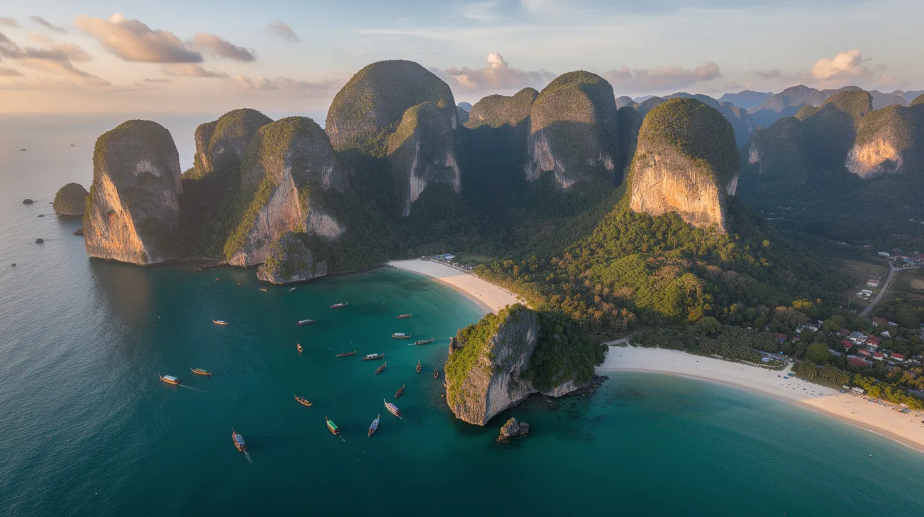 Vista aérea de Krabi, na Tailândia, mostrando as ilhas cercadas por águas cristalinas e os imponentes paredões de pedra que caracterizam a região. A paisagem é repleta de praias de areia branca e vegetação exuberante, criando um cenário paradisíaco ideal para viagens e passeios.