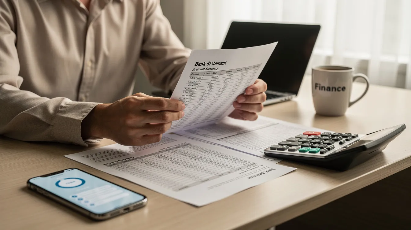 A person is seated at a desk, intently reviewing bank statements and financial documents, with a calculator and smartphone nearby. The scene emphasizes the importance of managing personal finances, which may include applying for loans or providing income verification documents.
