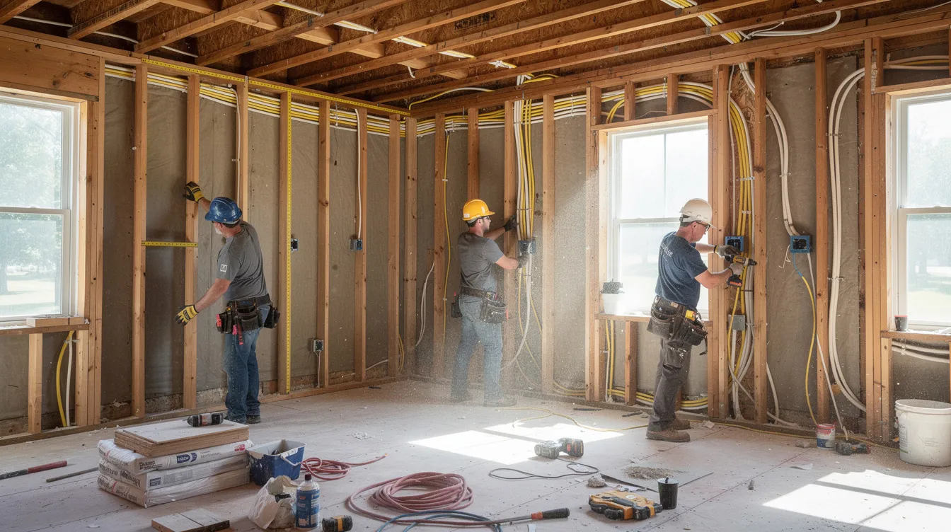 A group of construction workers is busy renovating the interior of a residential property, showcasing exposed framing and new electrical wiring. This scene highlights the process of transforming a distressed property into a rental property, which is essential for real estate investors looking to build their rental portfolio and generate cash flow.