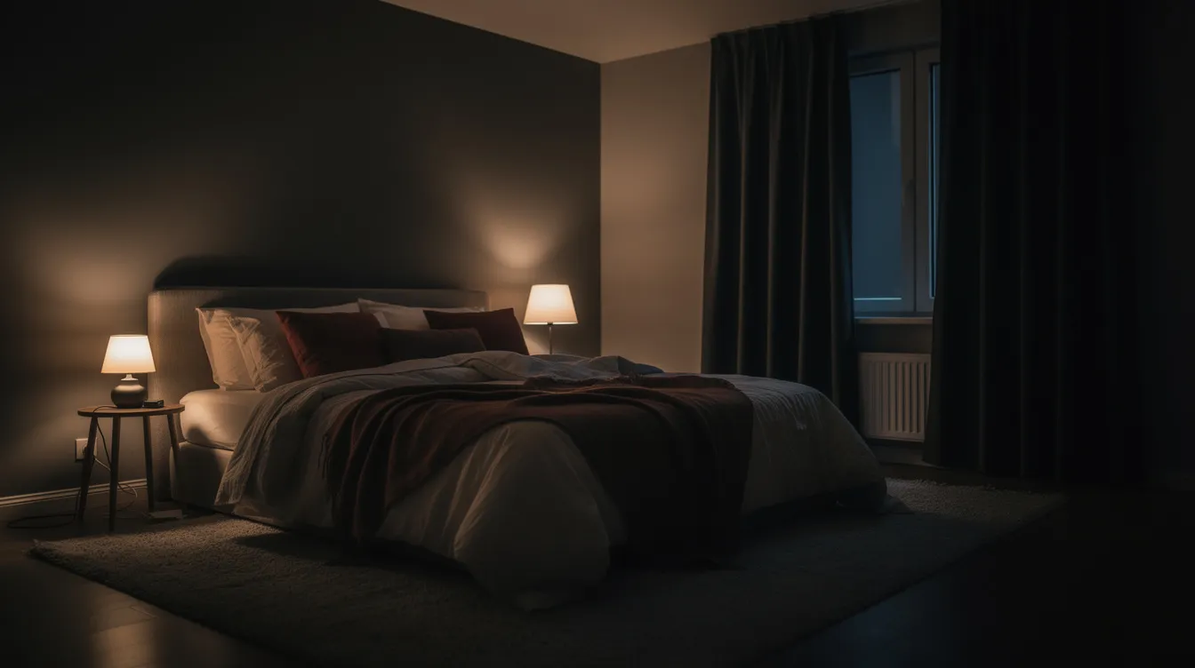 Na obrazie widoczna jest przytulna sypialnia z łóżkiem, w której panuje ciemność dzięki zastosowaniu zasłon blackout oraz rolet zaciemniających, co zapewnia idealne warunki do snu. Miękkie oświetlenie nocne tworzy ciepłą atmosferę, a szczelnie zasłonięte okno skutecznie blokuje światło dzienne, co ma ogromne znaczenie dla jakości snu.