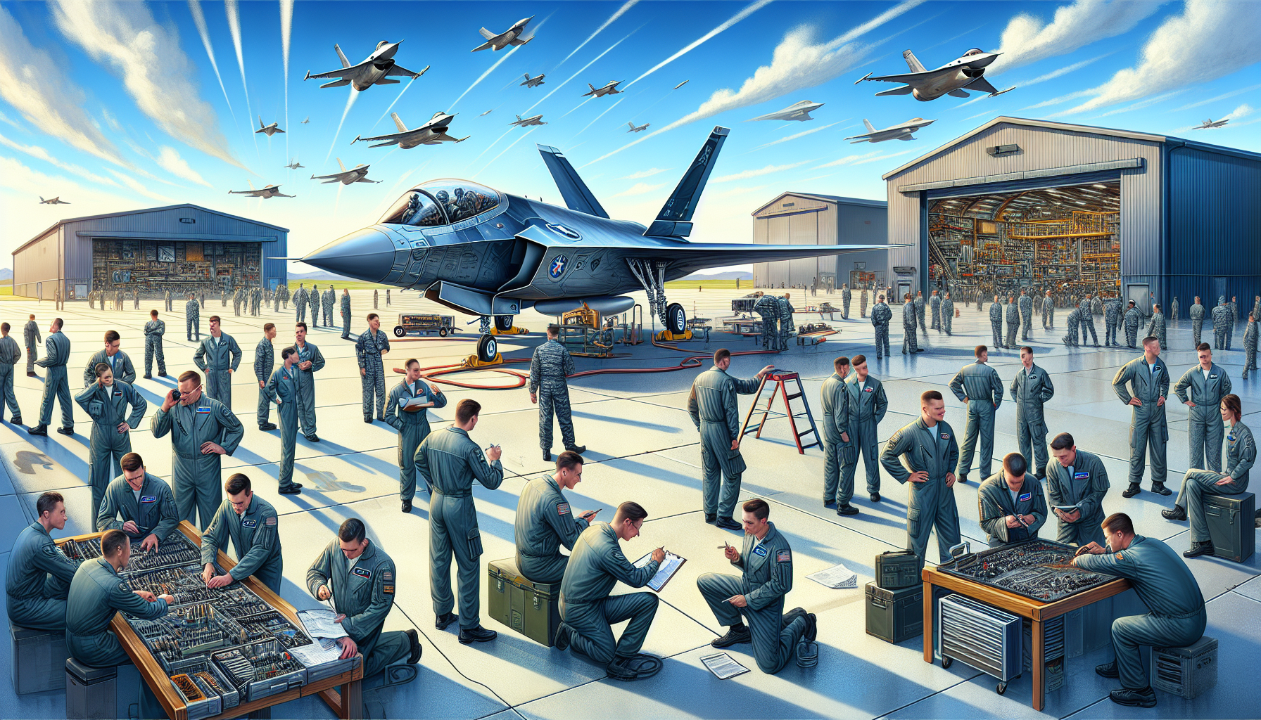 An illustration of training and maintenance operations for military aircraft.