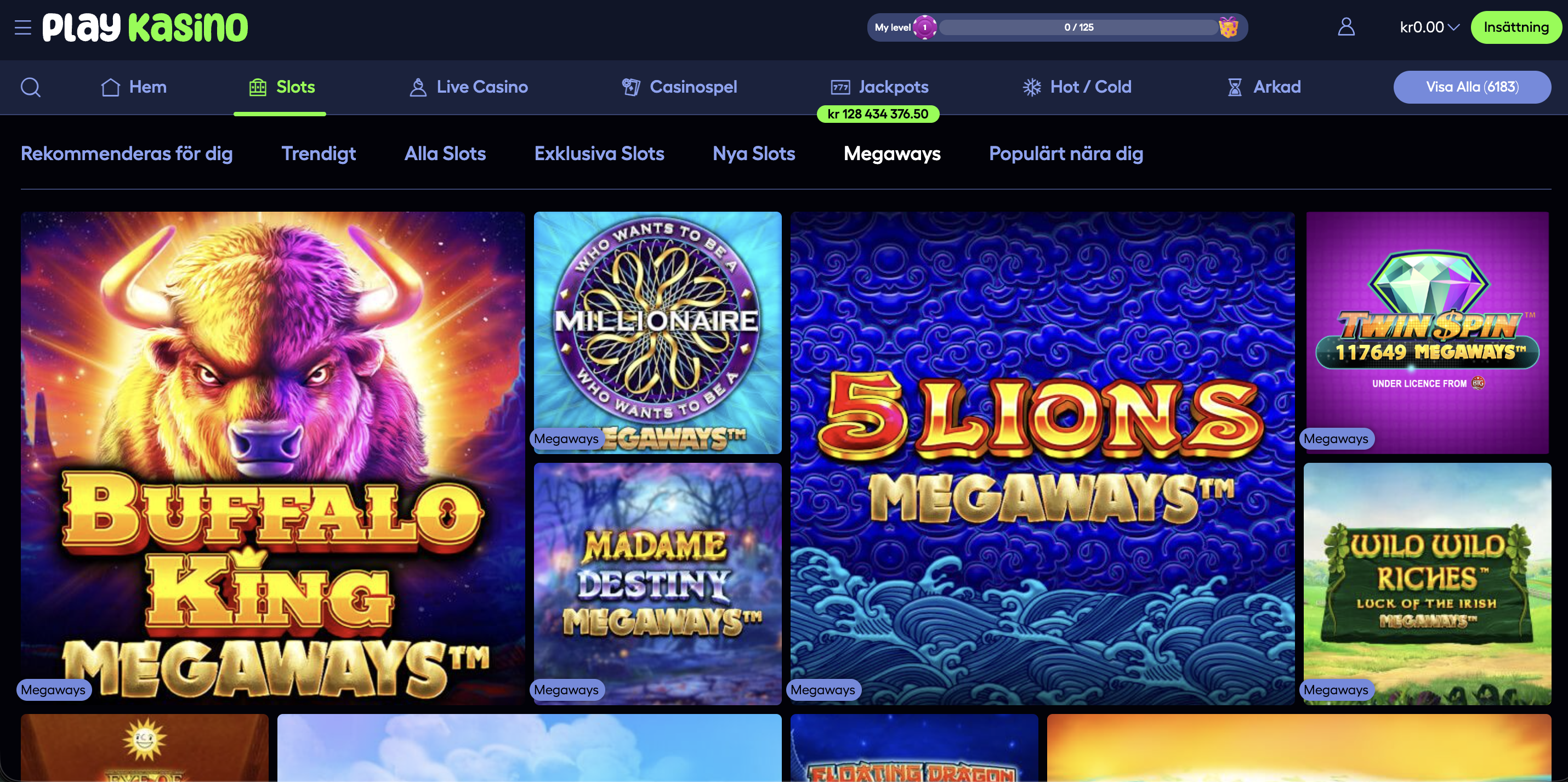 PlayKasino Megaways slots sida med spel som Buffalo King Megaways och 5 Lions Megaways – PlayKasino recension