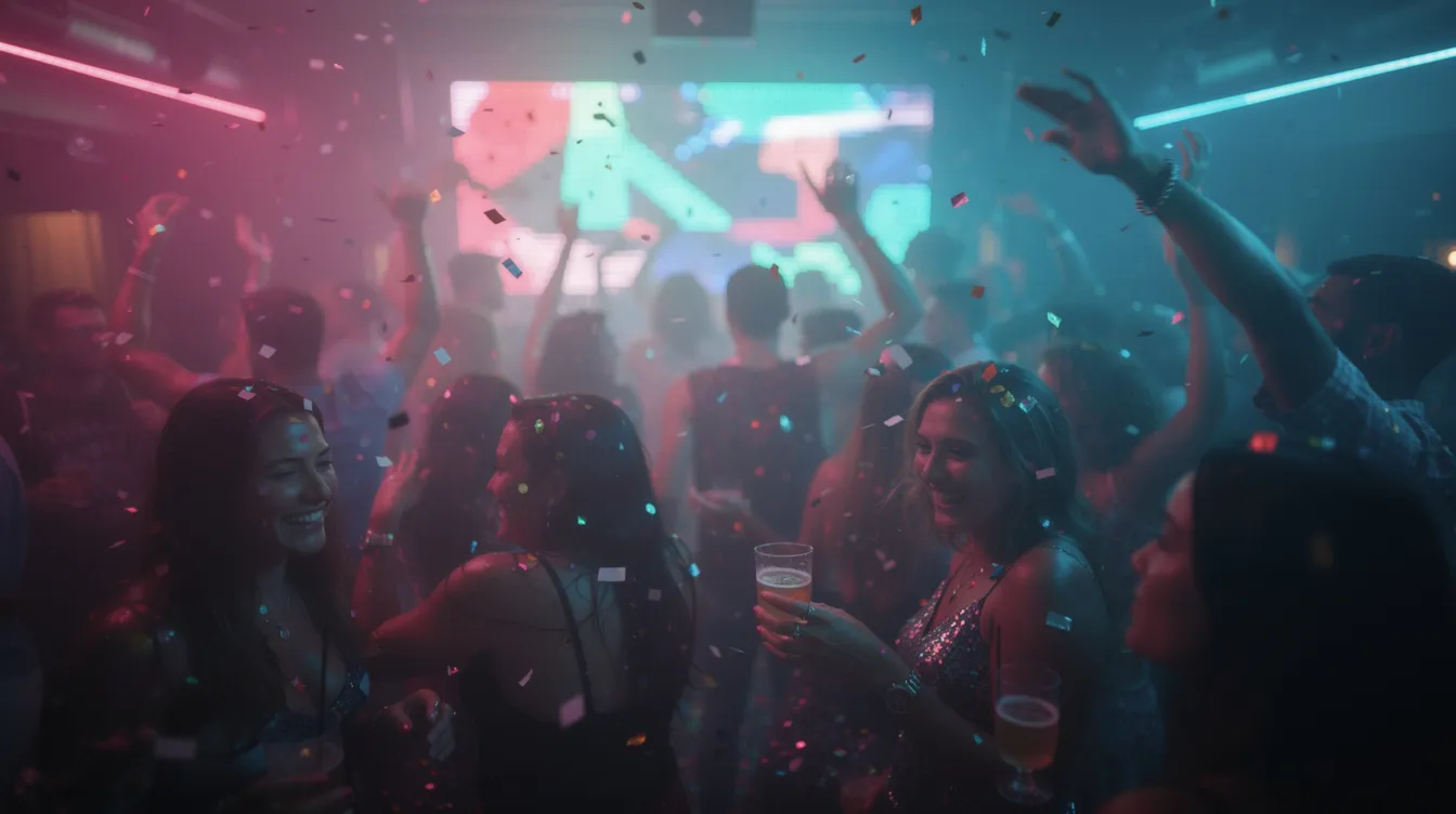 Die Nahaufnahme zeigt eine lebhafte Partyszene in einem Nachtclub, wo tanzende Menschen von bunten Lichtern umgeben sind und Konfetti durch die Luft fliegt. Diese Atmosphäre spiegelt den Party-Lifestyle wider, der oft von Fitness-Influencern wie Ron Bielecki in ihren Videos thematisiert wird.