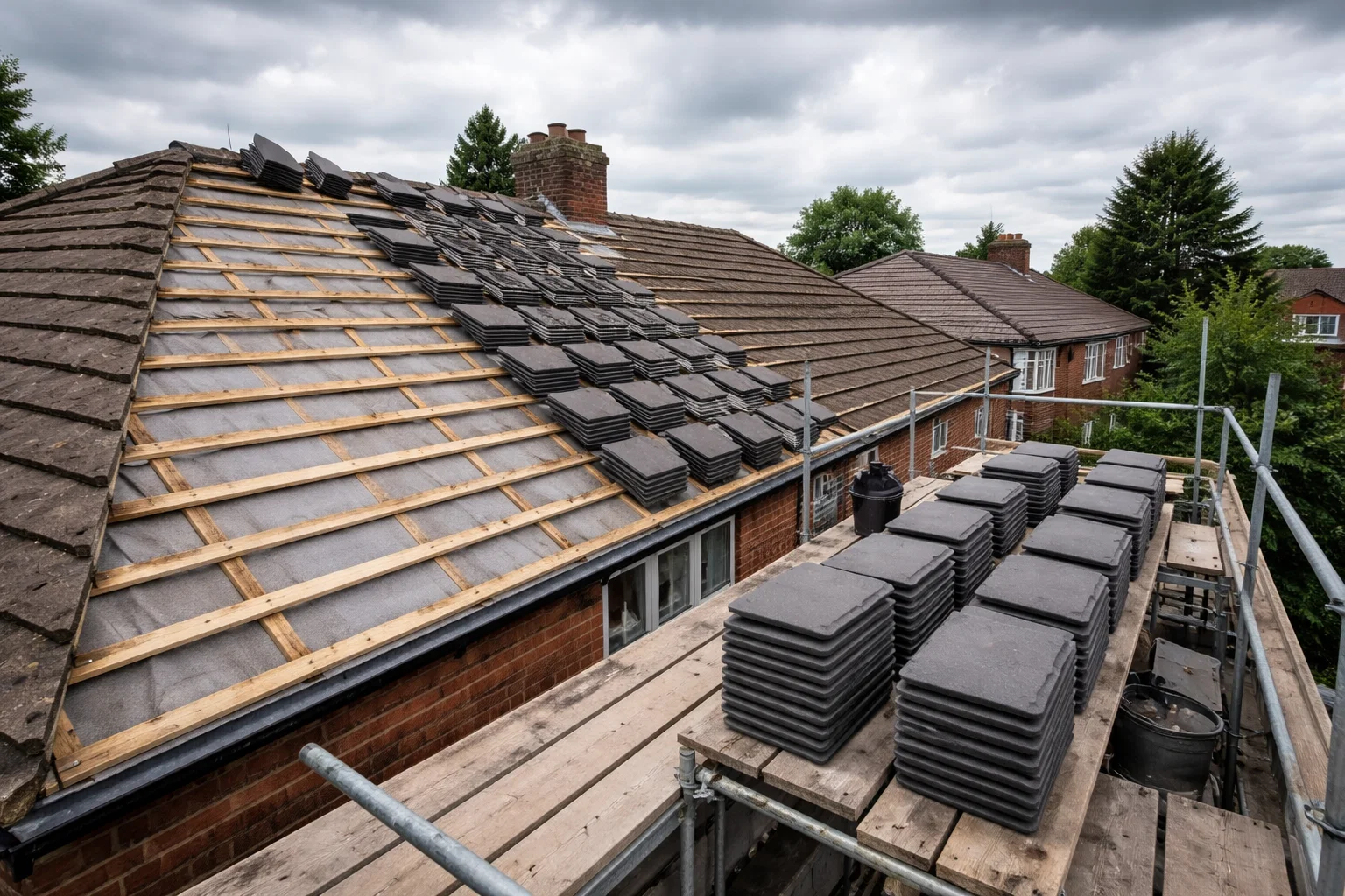Roof replacement project in Manchester showing exposed timber battens and new tiles ready for installation.