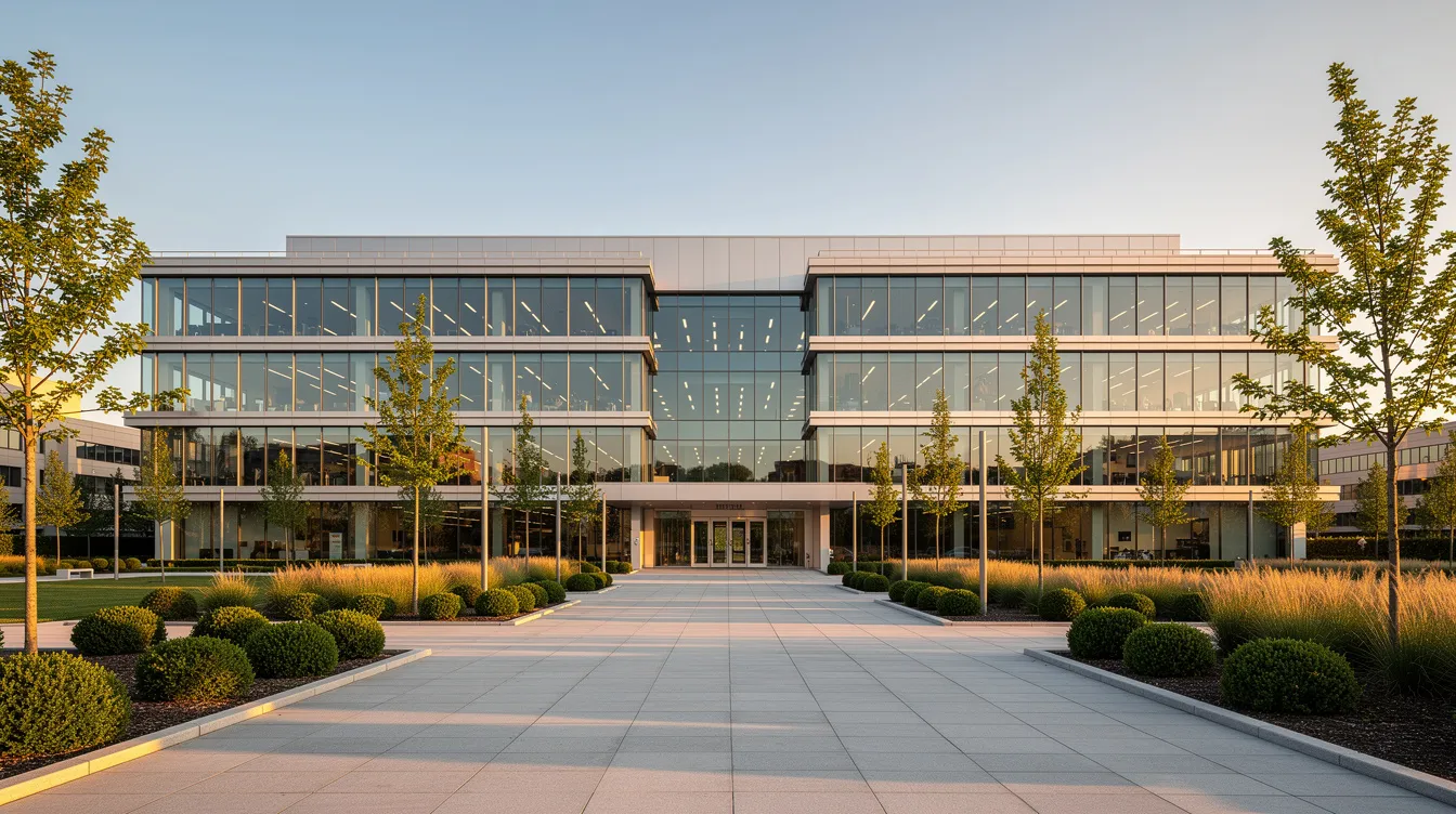 The image showcases a modern commercial building exterior captured during golden hour, highlighting its sleek architecture and well-maintained landscaping. This professional architectural photography represents a construction company's commitment to quality and strong brand identity, making a lasting impression on potential clients in the competitive construction industry.