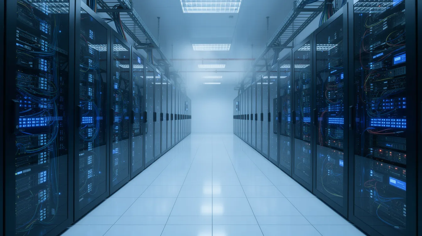 Das Bild zeigt einen großen, modernen Serverraum mit blauer LED-Beleuchtung und Reihen von rackmontierten Servern. Diese Server könnten als Webserver, wie Apache oder Nginx, verwendet werden, um dynamische und statische Inhalte für Webseiten bereitzustellen.