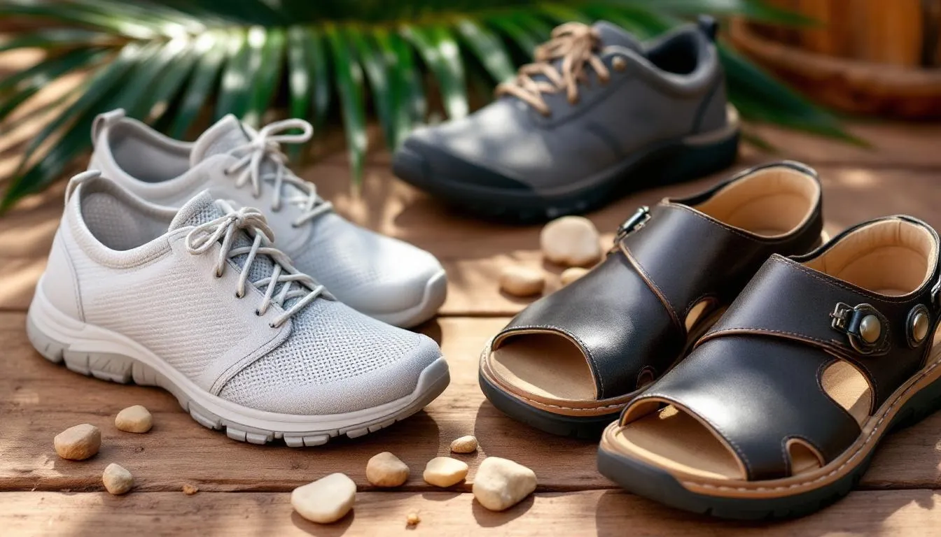 The image showcases a variety of comfortable walking shoes and sandals ideal for female travelers visiting Morocco, emphasizing options like closed-toed shoes and breathable fabrics suitable for the strong sun. These footwear choices are perfect for exploring both big cities and rural areas, allowing women to dress conservatively while staying stylish and comfortable on their Morocco trip.