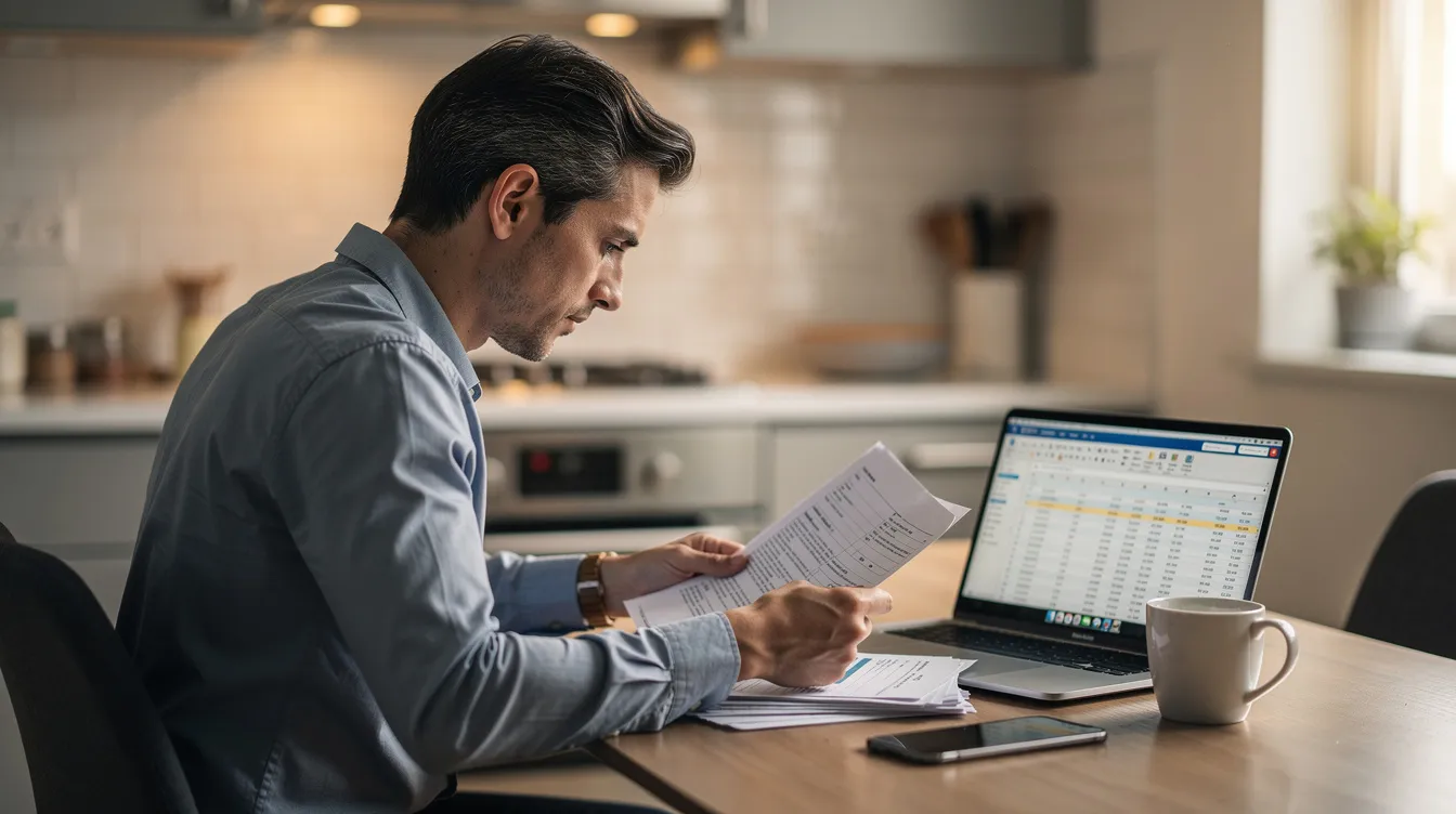 A professional in business casual attire is seated at a kitchen table, reviewing paperwork related to a franchise opportunity, with a laptop open beside them. The scene suggests a focus on business ownership and the exploration of a proven business model, highlighting the potential for success in the franchise industry.
