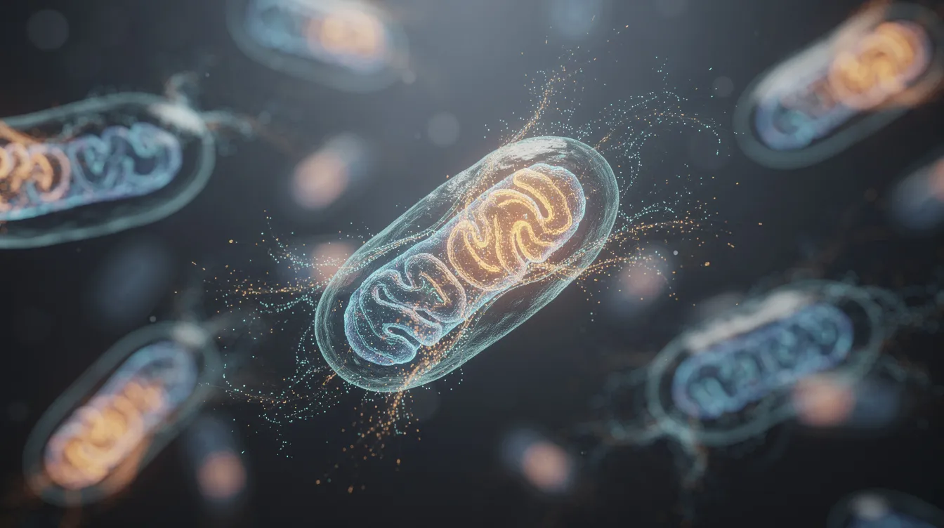 The image depicts an abstract visualization of cellular energy, featuring glowing mitochondria structures that symbolize energy production and mitochondrial health. This representation emphasizes the importance of cellular health in the context of reproductive health and fertility treatments, highlighting the role of NAD levels in improving egg quality and supporting overall fertility outcomes.