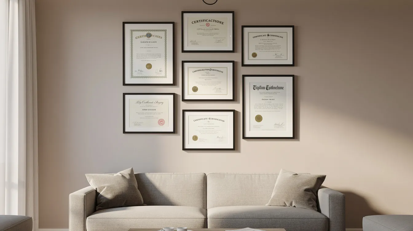 The image depicts a living room wall adorned with several framed certificates and diplomas, including high school diplomas and college degrees, arranged in a stylish gallery format. This display of academic credentials showcases the achievements of graduates from various educational institutions.