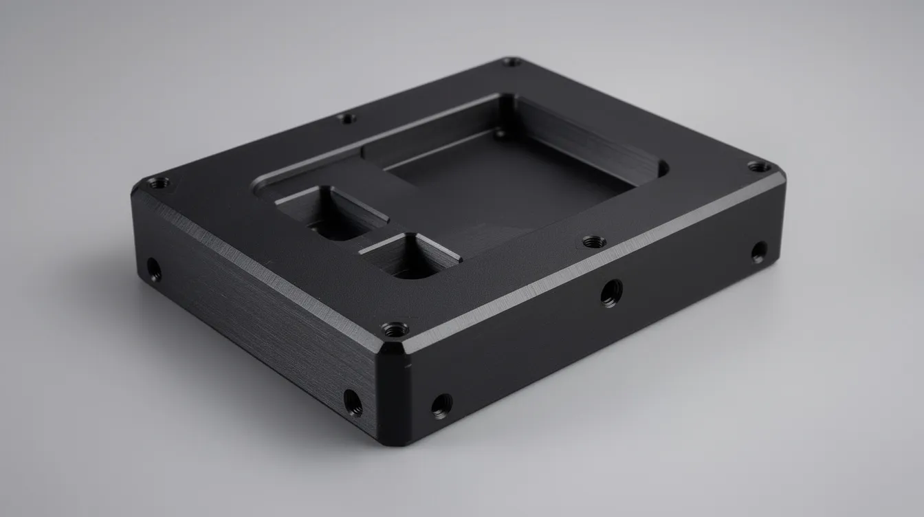 The image depicts an anodized black aluminum electronics enclosure featuring visible machined pockets and mounting holes, showcasing the precision of the CNC machining process. This enclosure highlights the excellent corrosion resistance and durability of aluminum alloys, making it suitable for various industrial applications.