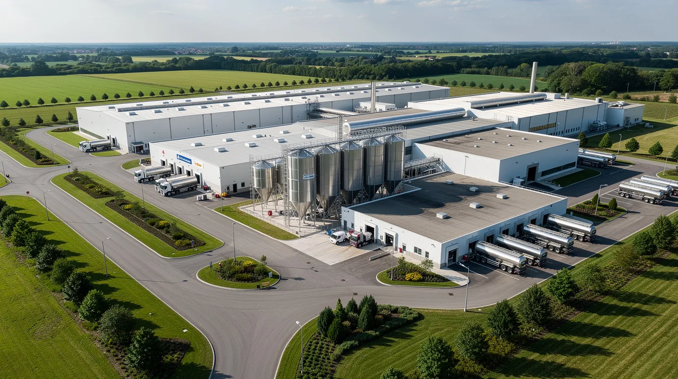 6c436ecf 8fd7 4122 89a2 04b9a3c83837 An aerial view of a modern industrial dairy processing plant showcases a well-organized layout featuring tanker roads, silos, and processing buildings, all surrounded by green buffer zones. This facility is designed for UHT milk production, ensuring food safety and operational efficiency while adhering to high standards for dairy products.