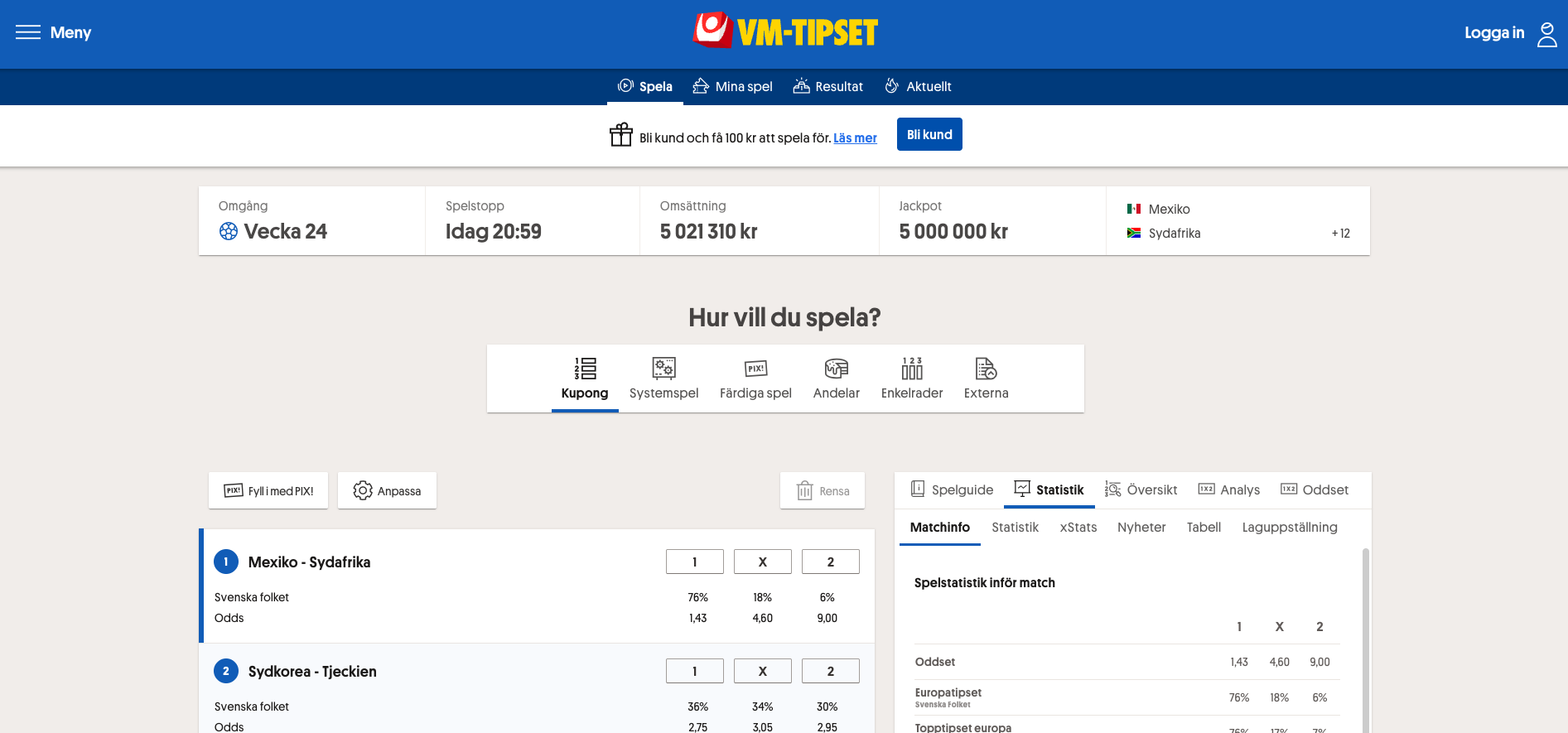 VM-tipset från Svenska Spel med matcher, streckfördelning, oddsjämförelse och statistik för att hitta spelvärde inför Fotbolls-VM.