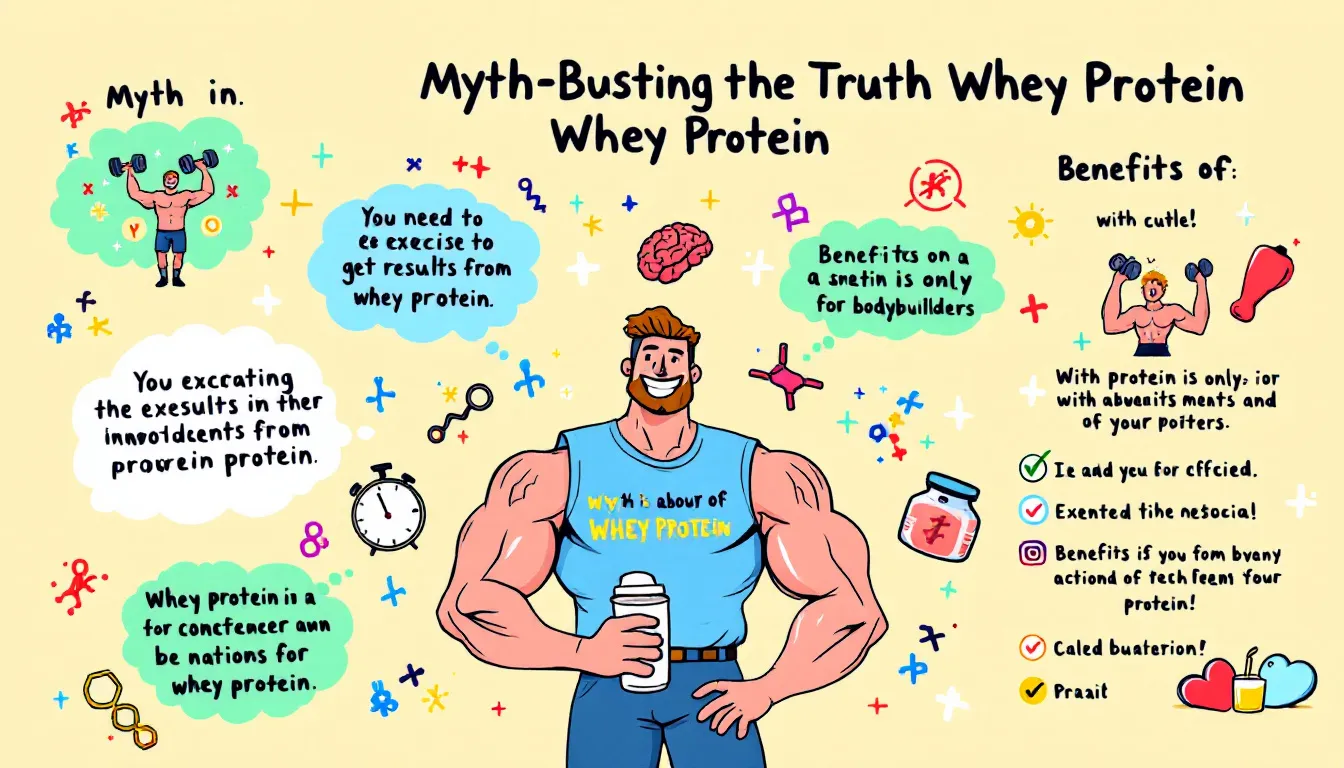 An infographic debunking myths about whey protein, including its use without exercise.