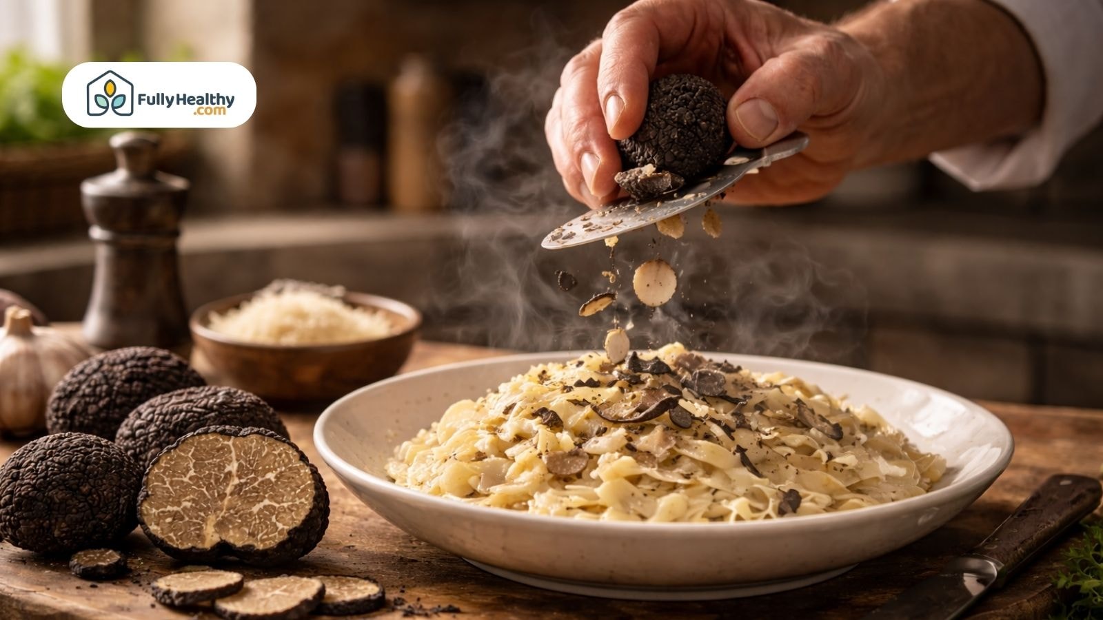 Hand grating black truffle onto steaming pasta dish