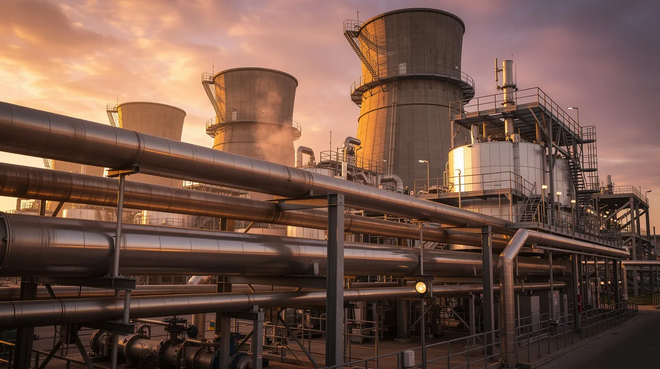 The image depicts an industrial power plant facility featuring large pipes and cooling infrastructure silhouetted against a vibrant sunset sky. This scene reflects the complexities of power generation, potentially linked to renewable energy projects and the operations of independent power producers.