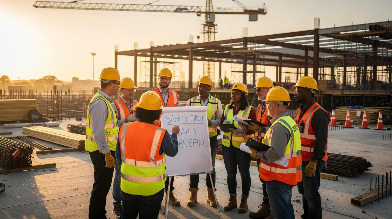 Construction workers in hard hats and safety vests gather around a supervisor during a morning jobsite huddle, illustrating how leadership communication and safety culture can also support mental health awareness in construction.