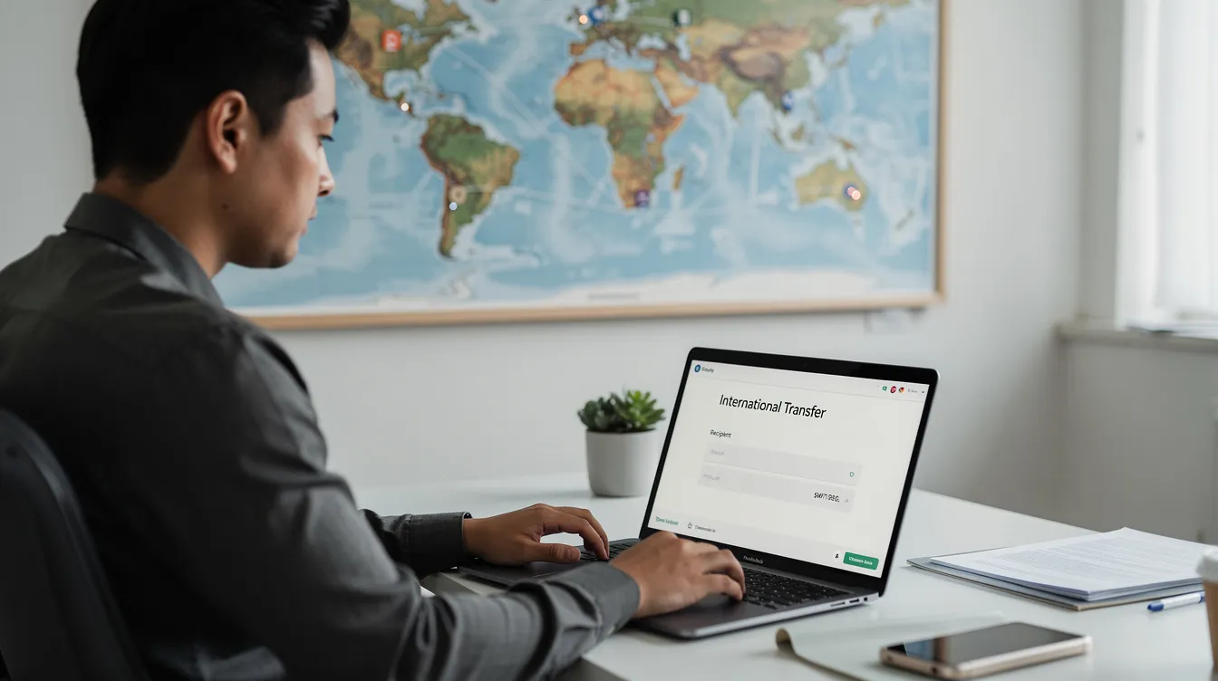 A person is seated at a desk, focused on their laptop as they initiate an international bank transfer, with a large world map displayed on the wall behind them. This scene highlights the process of sending money abroad, possibly involving an Indian Overseas Bank account and the use of a SWIFT code for the transaction.