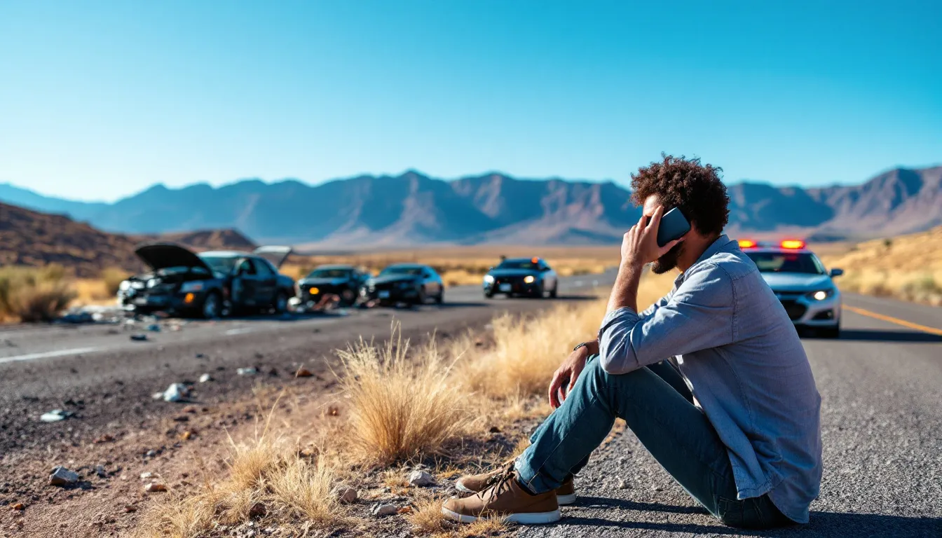 In the image, a client stands on the highway with a scenic New Mexico backdrop, while a police car is parked nearby, indicating a recent car accident. The individual is on the phone, likely contacting an experienced car accident lawyer to discuss their car accident claim and seek compensation for their injuries.