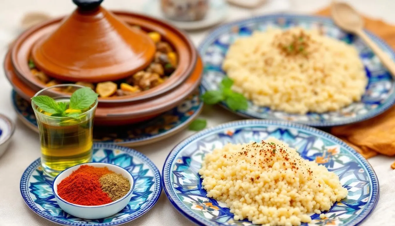 A vibrant spread of traditional Moroccan food is displayed, featuring beautifully arranged tagines, fluffy couscous, and colorful spices on ornate plates, accompanied by refreshing mint tea. This culinary feast reflects the rich flavors of Morocco, perfect for those visiting Casablanca and exploring its culinary delights.