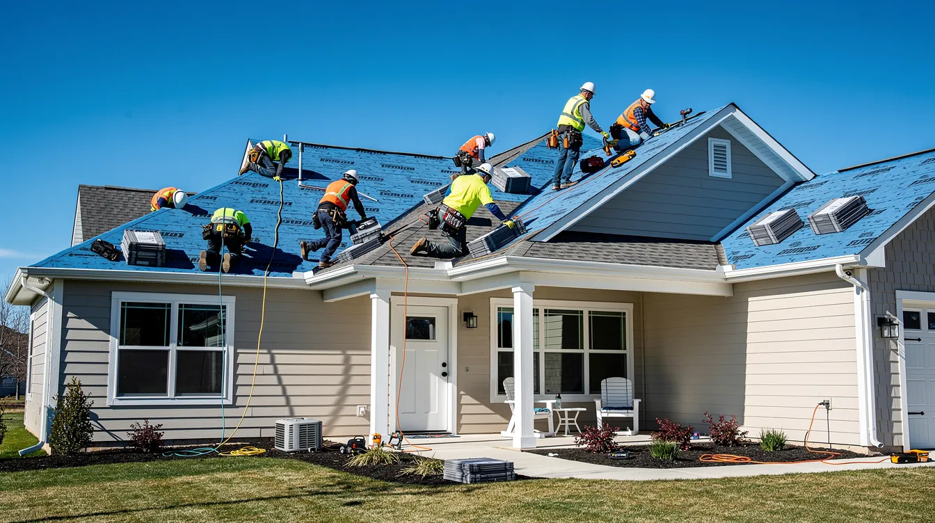 Construction workers diligently installing a new roof on a single-family home under clear blue skies, showcasing the active renovation process typical in fix and flip projects. This scene highlights the investment in real estate, where hard money lenders often provide financing to cover renovation costs and support experienced investors in their house flipping endeavors.