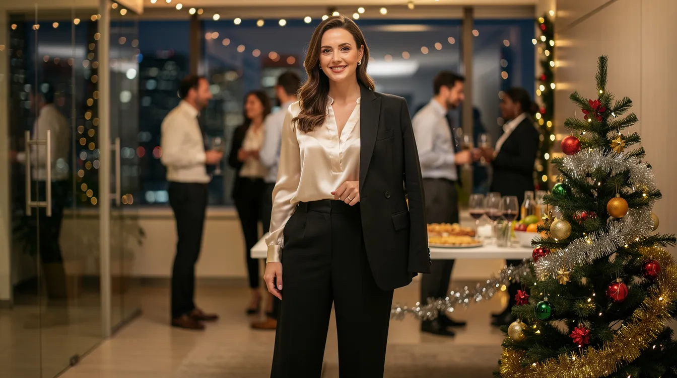 A chic woman is dressed in tailored black wide-leg trousers and a silk blouse, with a stylish blazer draped over her arm, at a festive office holiday party adorned with decorations. Her elegant outfit is perfect for the holiday season, making her a standout at the celebration.