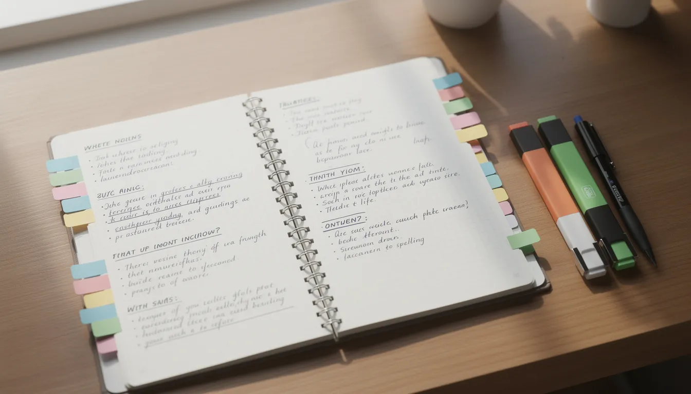 An organized notebook is open on a wooden desk, showcasing colorful tabs and neatly handwritten notes, demonstrating effective note taking methods. The layout includes key points and main ideas, reflecting a clear structure that aids in the learning process.