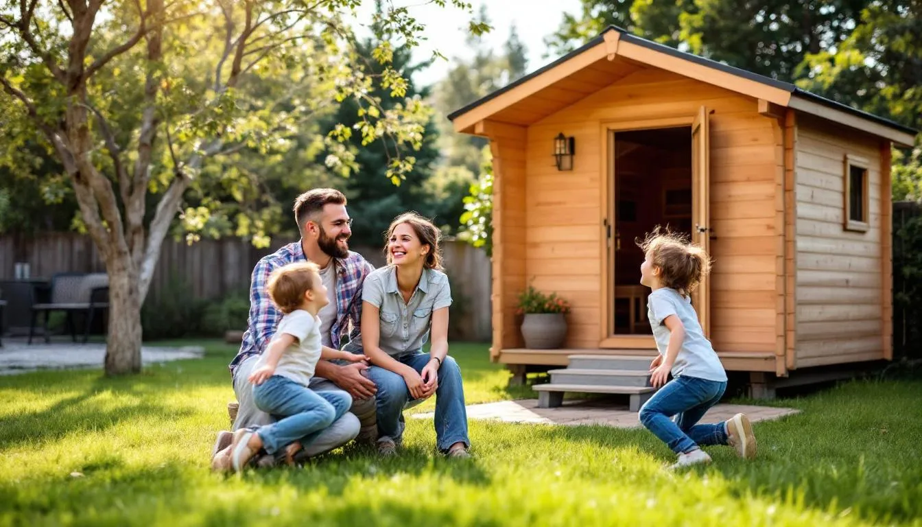 A family is gathered joyfully near a personal home sauna, promoting relaxation and wellness as they enjoy the numerous health benefits associated with sauna therapy. This scene highlights the importance of family time and the potential for improved cardiovascular health and skin health through regular sauna use.
