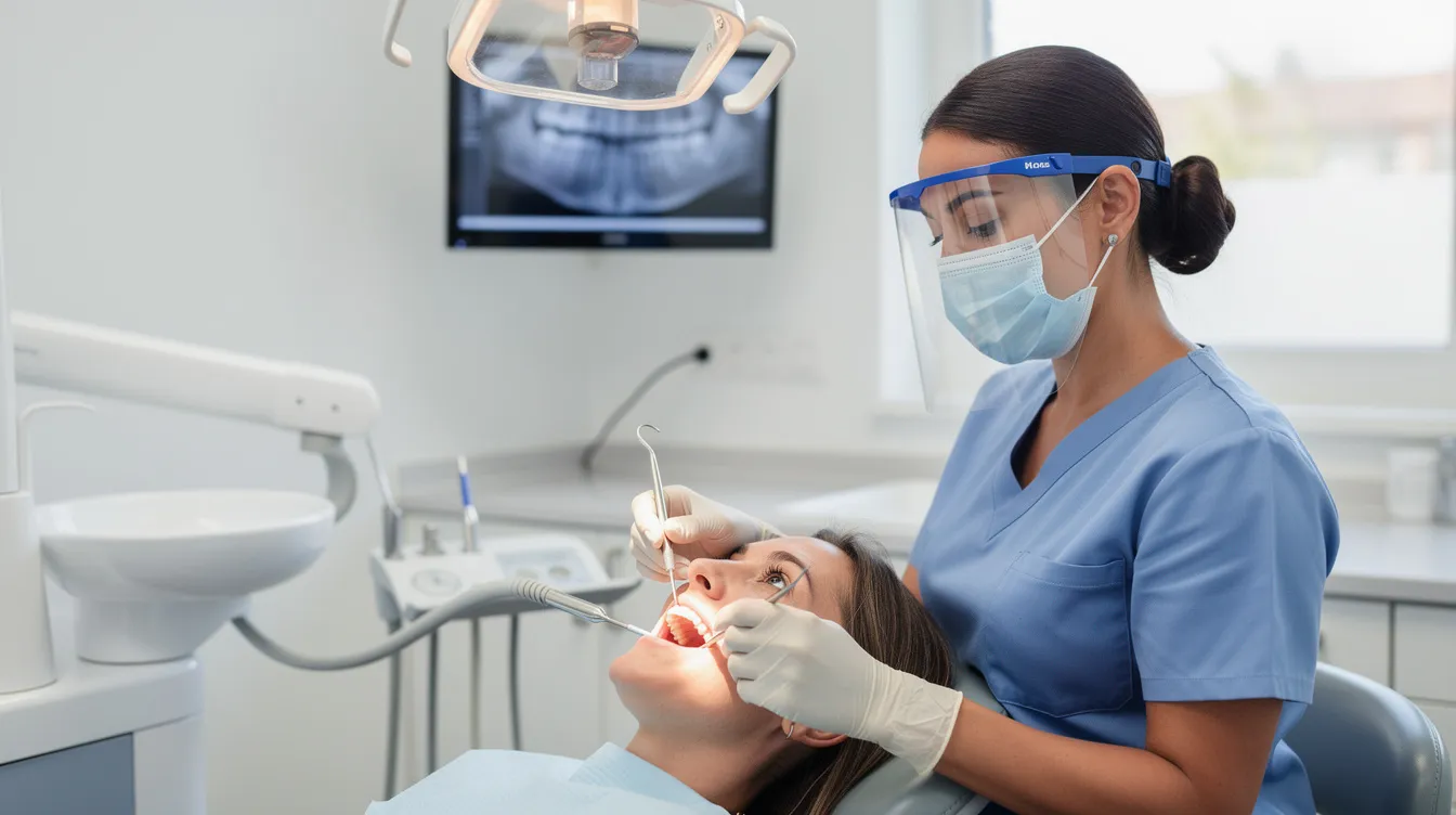 A dental hygienist is performing an adult dental cleaning procedure on a patient, focusing on thorough documentation and proper dental coding to ensure accurate billing and compliance with American Dental Association guidelines. The hygienist uses tools for periodontal scaling and may also apply fluoride varnish as part of the comprehensive oral evaluation.