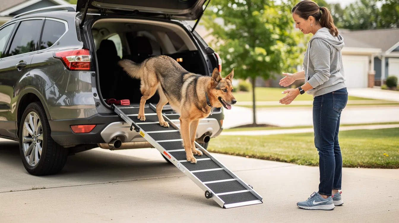 A dog is using a ramp to get into a car, with its owner standing nearby, demonstrating a practical solution for managing joint pain in older dogs. This scene highlights the importance of pain management and the use of proper equipment to assist pets experiencing discomfort.