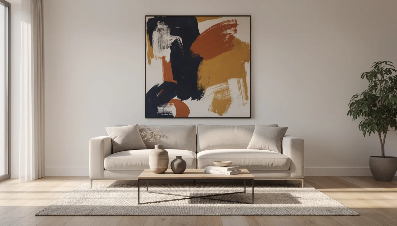 Un salon moderne présente un canapé neutre complété par une œuvre d'art abstraite audacieuse accrochée au-dessus, créant une atmosphère vivante et accueillante. Cette disposition sert d'art mural saisissant pour le salon, améliorant la décoration et ajoutant de la personnalité à l'espace.