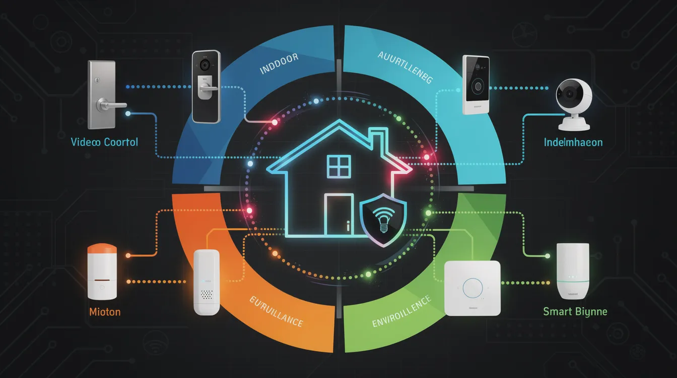 Integration of smart home devices with home security systems, featuring various smart technologies.