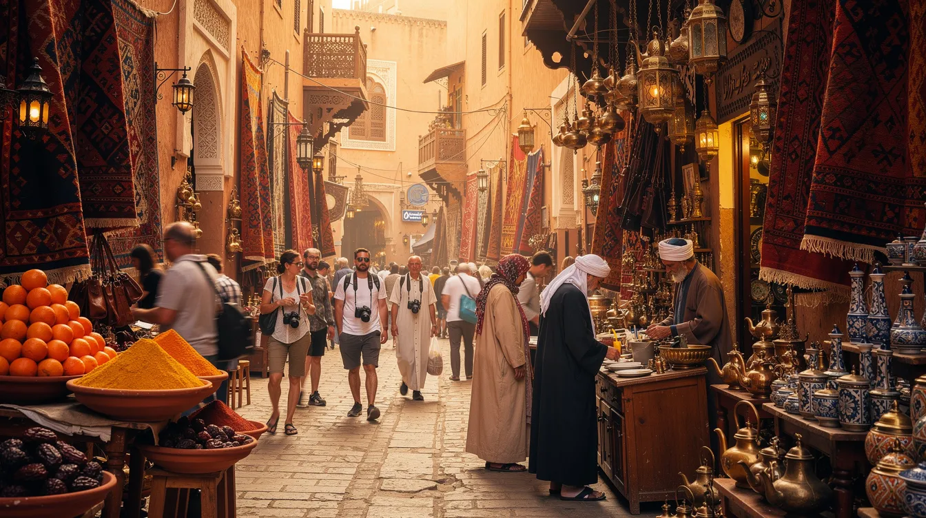 A bustling marketplace scene in a Moroccan medina filled with vibrant stalls showcasing colorful textiles, spices, and handicrafts, while tourists browse and interact with local vendors. The atmosphere is lively, attracting large crowds, making it important for visitors to stay alert and exercise increased caution, especially in busy tourist areas.