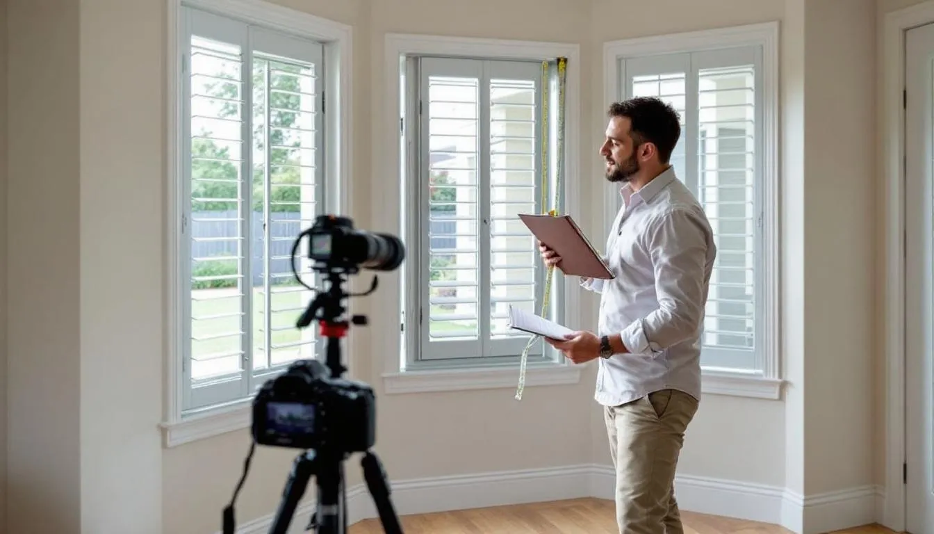 A professional consultant is measuring bay windows in an Australian home to create custom plantation shutters, showcasing a sleek design that enhances the room's style and functionality while allowing for optimal light control and privacy. The consultant is focused on providing expert advice for the perfect fit of window coverings that add value to the living space.