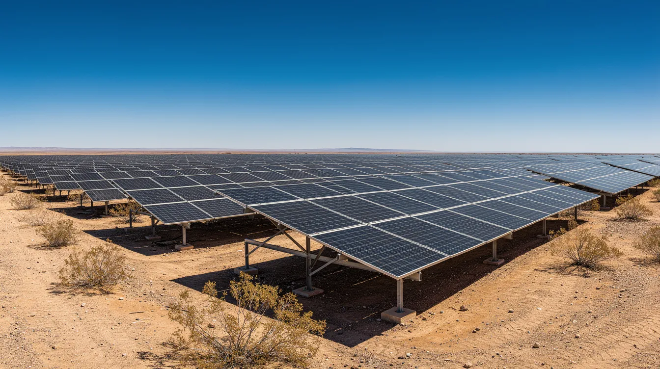 A large solar panel array stretches across a wide desert field, bathed in sunlight under a clear blue sky, symbolizing the growth of the renewable energy sector. This scene highlights the increasing focus on power generation through green energy sources in the energy industry.